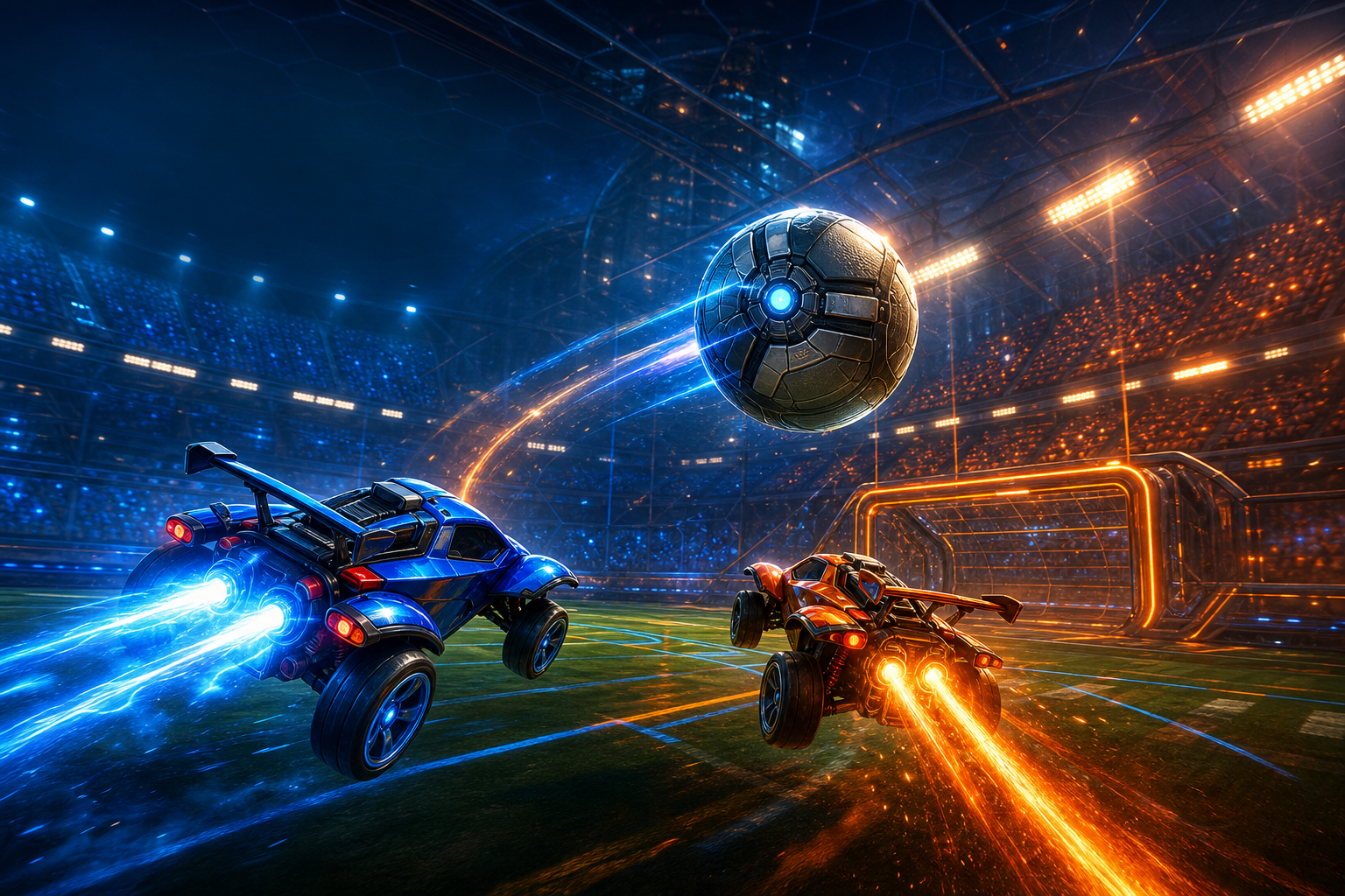 Fan art of rocket-powered cars chasing a giant ball in a neon arena